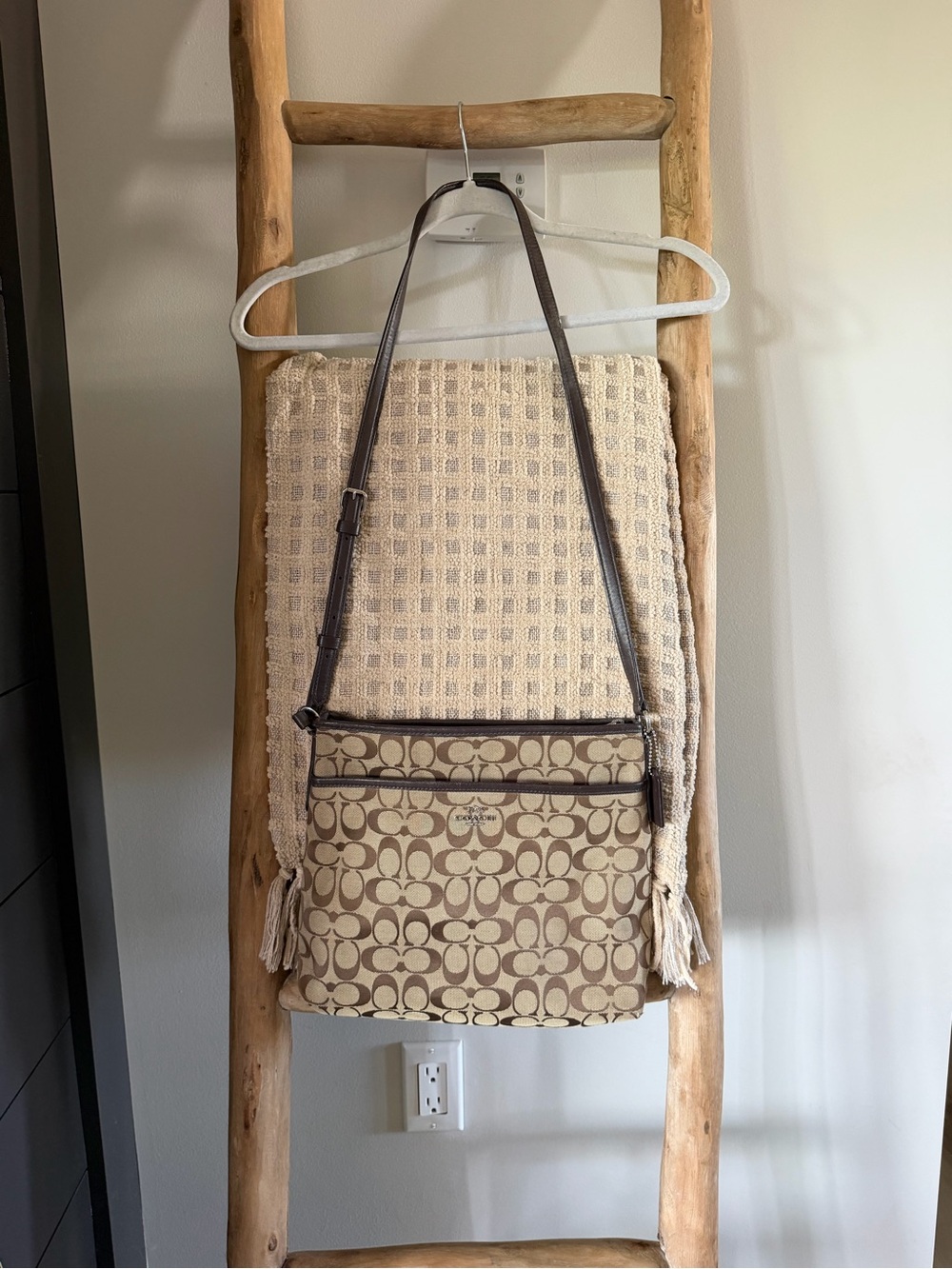 Coach Signature Jacquard Crossbody Bag Khaki Brown Y2K